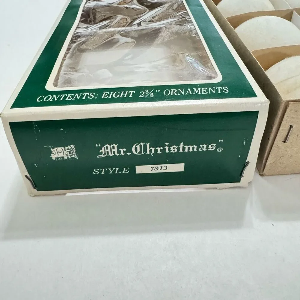 Vintage (1972) MR CHRISTMAS Flocked Ornaments Boxed white Unbreakable 2-3/8” MCM
